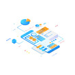 Mobile app for management and organization concept. Isometric mobile phone with futuristic UI and layers of organizer applications for finances. UI and software app. Gradient isometric vector.