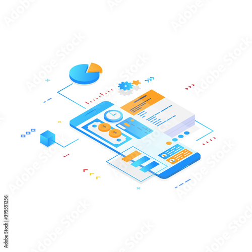 Mobile app for management and organization concept. Isometric mobile phone with futuristic UI and layers of organizer applications for finances. UI and software app. Gradient isometric vector. © ikonstudio