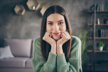 Sticker - Portrait of optimistic brunette girl video call work from home hands cheeks wear green shirt indoors