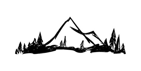 Fototapete - Vector Hand drawn mountains. Peaks with pine forest on white background.