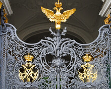 Iron Gate Of The Hermitage Decorated With Golden Crown And Eagle Russia