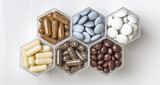 Fototapeta Tulipany - Various medical capsules and tablets in hexagonal jars