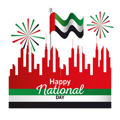 Wall Mural - Uae national day with city buildings fireworks and flag design, arab spirit and holiday theme Vector illustration