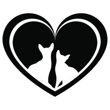 Valentine's Day. A Loving Couple Of Cats With A Heart. Silhouettes Of Enamored Cats. Cat Couple, Vector Icon Or Logo. Concept For A Pet Store, Congratulations On Valentines Day.