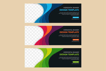 abstract banner template design with space for photo. Horizontal layout use papercut wave style element and black background. three variation colors are flat blue, purple and green. 