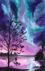watercolor landscape northern lights over the lake and silhouettes of trees