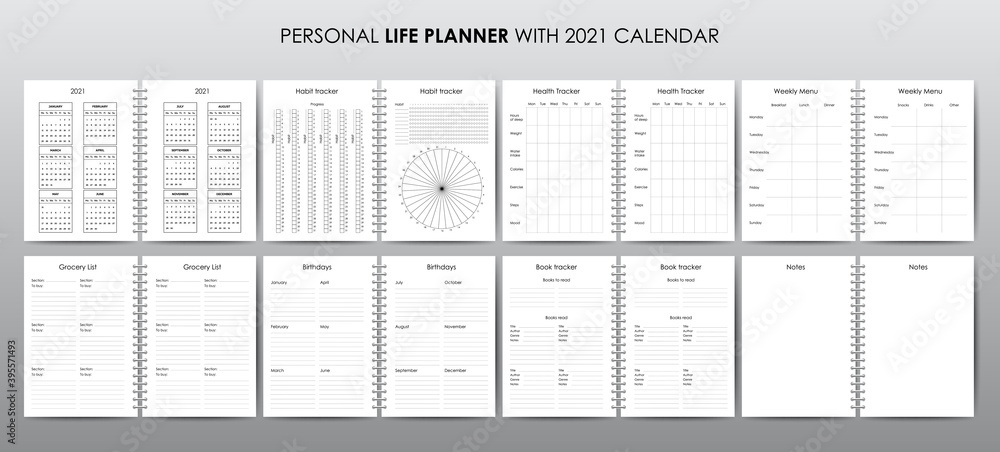 Vector template for personal life planner with 2021 calendar - obrazy, fototapety, plakaty 