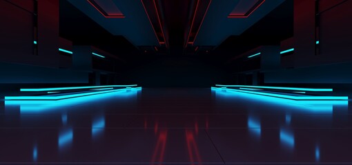 Wall Mural - Abstract architectural minimalistic background. Laser show in the ultraviolet spectrum. Modern  impulse tunnel. Futuristic space sci-fi frame neon backlight. 3D illustration and rendering.