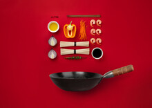 Ingredients for cooking noodles in wok pan