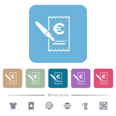 Poster - Signing Euro cheque flat icons on color rounded square backgrounds