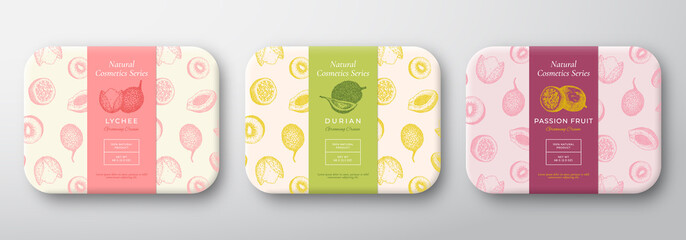 Wall Mural - Exotic Fruits Bath Cosmetics Package Set. Abstract Vector Wrapped Container Labels. Packaging Design Collection. Hand Drawn Lychee, Durian and Passion Fruit Background Pattern Layout. Isolated