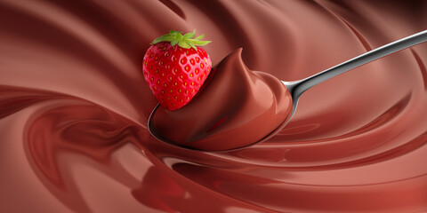 Spoon with strawberry and chocolat cream over a milk chocolat swirl - 3D illustration