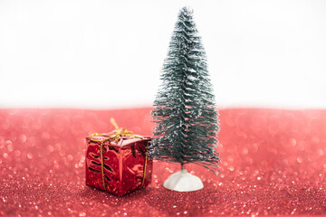 Wall Mural - Christmas tree decoration. Merry Christmas horizontal banner. Small tree isolated on white background.