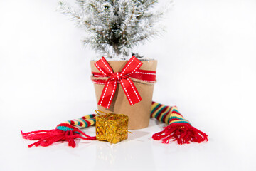 Wall Mural - Christmas tree decoration. Merry Christmas horizontal banner. Small tree isolated on white background.