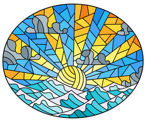 Wall Mural - Illustration in stained glass style with seascape, sun on blue sky and sea background