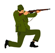 Second World War Army Soldier With Rifle Vector Illustration. WW2 Soldier With Rifle Aim And Shoot At The Enemy.