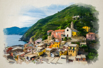 Wall Mural - Watercolor drawing of Top aerial view of Vernazza typical village with colorful houses in National park Cinque Terre