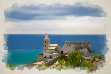 Wall Mural - Watercolor drawing of Chiesa San Pietro catholic church, Lord Byron Parque Natural park De Portovenere town