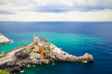 Wall Mural - Watercolor drawing of Chiesa San Pietro catholic church, Lord Byron Parque Natural park De Portovenere town