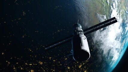 Wall Mural - artificial satellite of the earth. satellite flying in space over the globe with a view of night cities