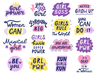 girl power letterings. motivational feminist quotes, hand drawn inspirational girl power lettering s