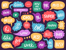 Doodle Conversation Clouds. Dialogue Chat Bubbles With Small Talk Phrases, Think Or Talk Clouds. Hand Drawn Speech Bubbles Vector Symbols Set. Short Messages For Communication Or Discussion