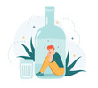 Alcohol addiction. Drunk man inside alcohol bottle, bad habit and unhealthy lifestyle, alcohol addicted frustrated person vector illustration. Young male character having depression
