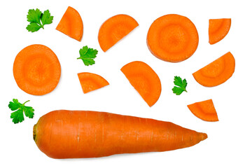 Wall Mural - Carrots and slices isolated on white, top view