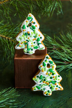 Christmas Gingerbread Cookies Decorated With Sugar Sprinkles And Icing