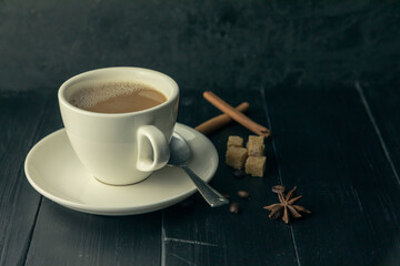 Black Coffee, white dishes in natural sun light with spices.