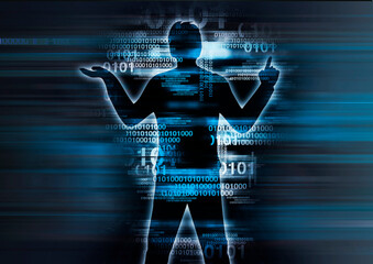 Programmer, computer expert man silhouette.
Stylized male silhouette, programmer, computer expert  gesturing on a blue blurred background.The image does not show real people.