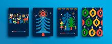 Merry Christmas Folk Pine Tree Cartoon Card Set