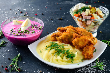 Poster - Three-course set business lunch. Pink creme soup. Minced meat cutlets with mashed potatoes. Fresh vegetable salad