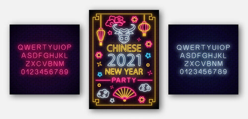 Wall Mural - 2021 Chinese New year of white bull poster in neon style with alphabet. Celebrate invitation of asian lunar new year. Neon sign, bright banner. Party invitation design template. Vector illustration.