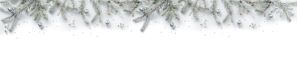 Wall Mural - merry christmas wreath made of fir branches, white and silver decorations, sparkles and confetti on 