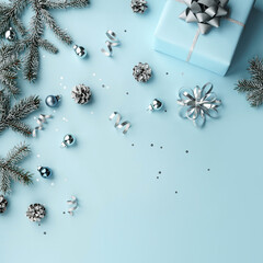 Wall Mural - Merry Christmas card made of gift boxes, blue, white, silver decorations, bows, fir branches, sparkles and confetti on blue background. Xmas and New Year holiday, bokeh, light. Flat lay, top view