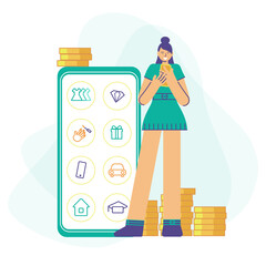 Young rich woman with a mobile phone and different goods on the screen. Wasting or economy money concept. Planning budget. Vector flat illustration