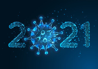 Poster - Futuristic Pandemic New Year digital banner with glowing low polygonal 2021 number and coronaviru.