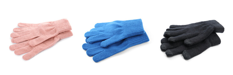 Sticker - Set of woolen gloves on white background. Banner design