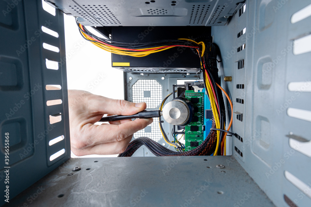technician worker repair and adjusting desktop pc hardware equipment ...