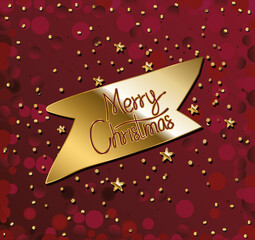 Wall Mural - merry christmas in gold lettering on ribbon and red background