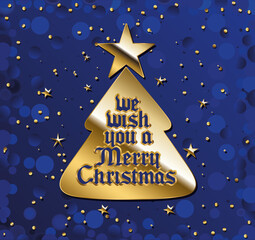 Wall Mural - we wish you a merry christamas in gold lettering on tree and blue background