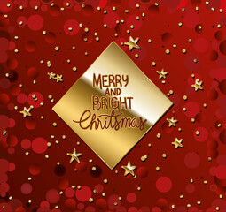 Wall Mural - merry and bright christmas in gold lettering on diamond and red background
