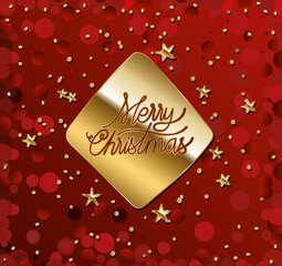 Wall Mural - merry christmas in gold lettering on a diamond and red background