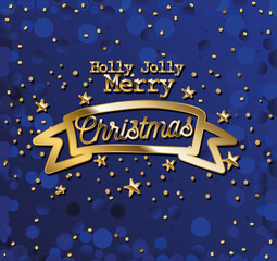Wall Mural - holly jolly merry christmas in gold lettering on ribbon and blue background