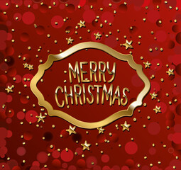 Wall Mural - merry christmas in gold lettering with stars on red background