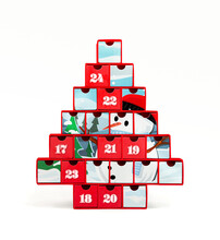 Christmas Advent Calendar With Cute Winter Scene And Snowman Illustration. Red Cardboard Xmas Tree Calendar With Boxes To Store Small Gifts. Concept For Countdown To Christmas.