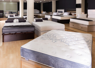 Wall Mural - Interior of modern furniture store with various mattresses on beds for sale