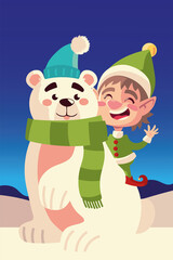 Sticker - merry christmas helper and polar bear with sacrf and hat celebration