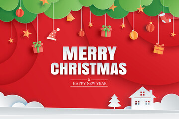 Merry christmas and happy new year red greeting card in paper art banner template. Use for poster, cover, flyer.